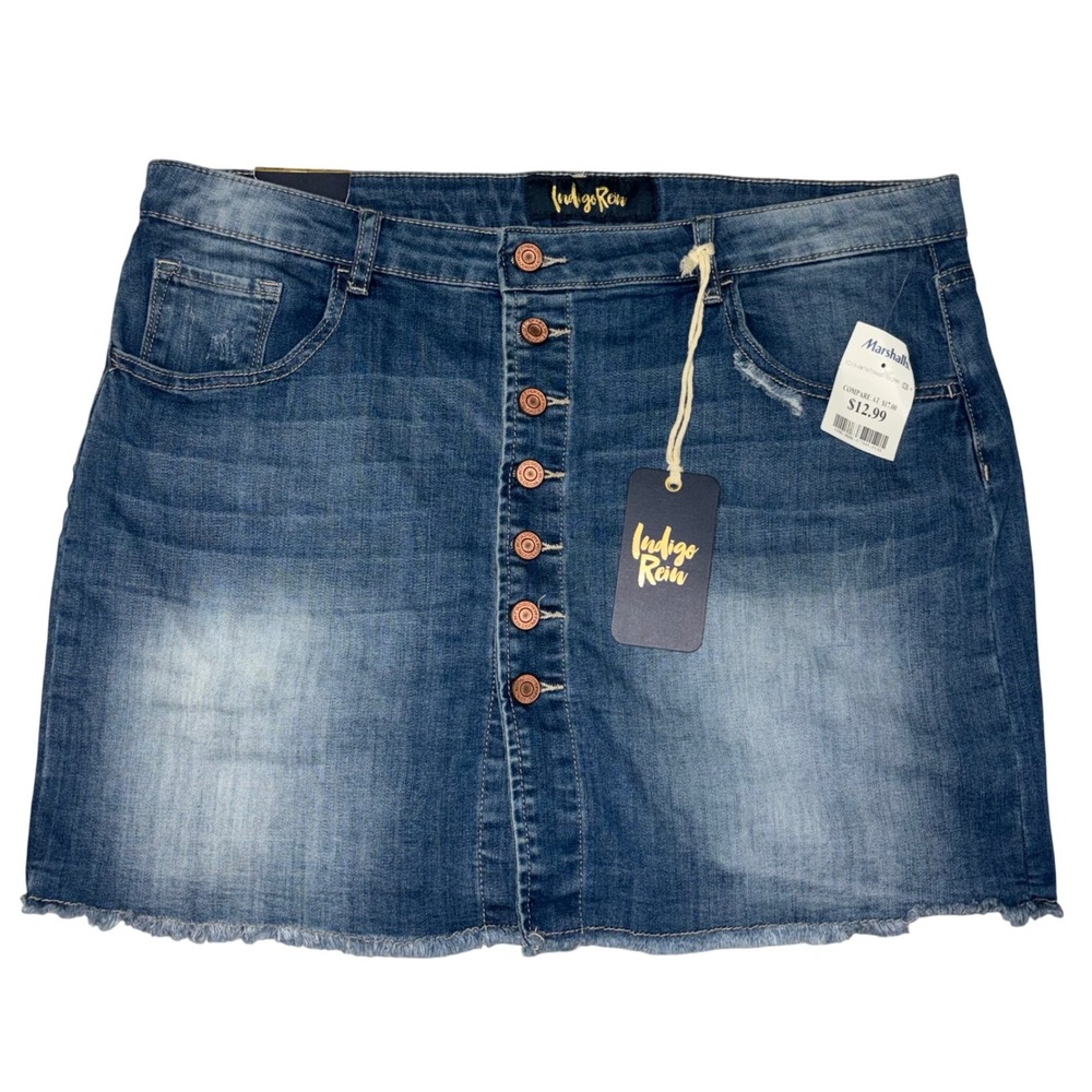 Indigo Rain Women Denim Skirt Button Front Frayed Hem Distressed Blue Size 15/31
